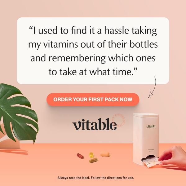 A clean, minimalist testimonial ad for a vitamin subscription service featuring a user-focused pain point and direct solution offer.